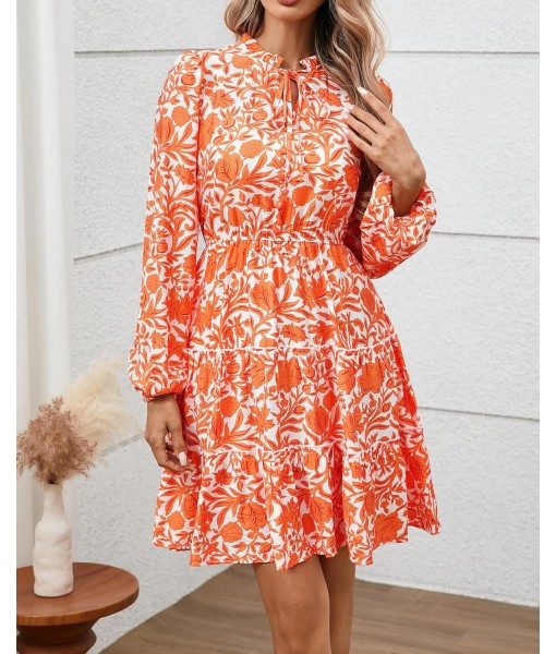 BTFBM Women Fall Dresses 2025 Floral V Neck Long Sleeve Tiered Ruffle Boho Swing Flowy A-Line Mini Dresses Vacation