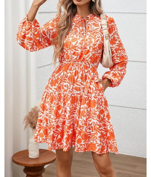 BTFBM Women Fall Dresses 2025 Floral V Neck Long Sleeve Tiered Ruffle Boho Swing Flowy A-Line Mini Dresses Vacation