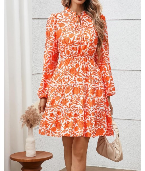 BTFBM Women Fall Dresses 2025 Floral V Neck Long Sleeve Tiered Ruffle Boho Swing Flowy A-Line Mini Dresses Vacation