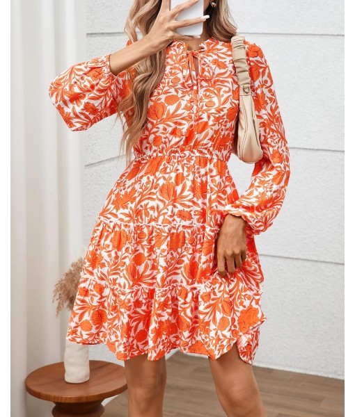 BTFBM Women Fall Dresses 2025 Floral V Neck Long Sleeve Tiered Ruffle Boho Swing Flowy A-Line Mini Dresses Vacation