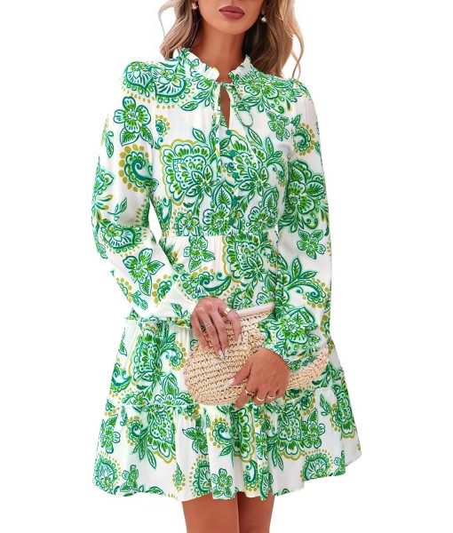 BTFBM Women Fall Dresses 2025 Floral V Neck Long Sleeve Tiered Ruffle Boho Swing Flowy A-Line Mini Dresses Vacation