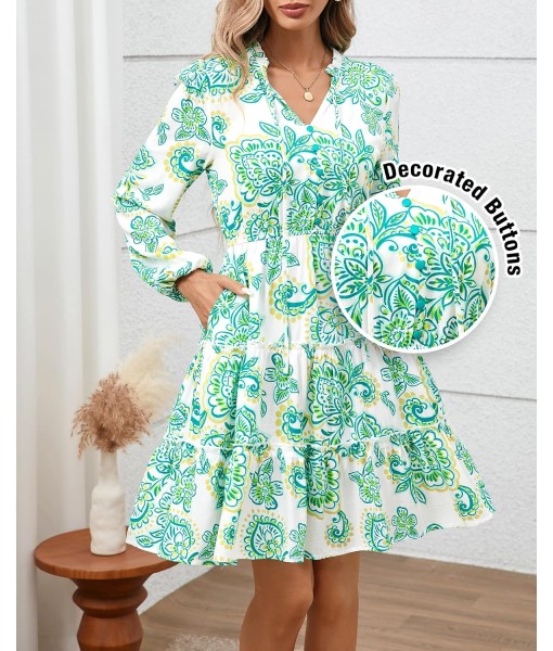BTFBM Women Fall Dresses 2025 Floral V Neck Long Sleeve Tiered Ruffle Boho Swing Flowy A-Line Mini Dresses Vacation