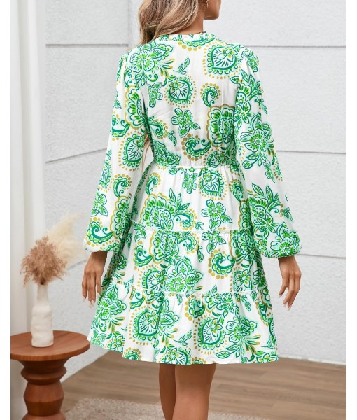 BTFBM Women Fall Dresses 2025 Floral V Neck Long Sleeve Tiered Ruffle Boho Swing Flowy A-Line Mini Dresses Vacation