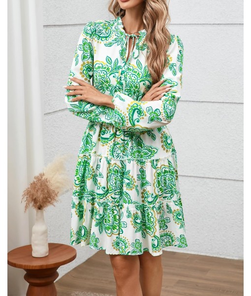 BTFBM Women Fall Dresses 2025 Floral V Neck Long Sleeve Tiered Ruffle Boho Swing Flowy A-Line Mini Dresses Vacation