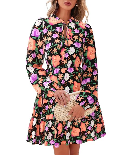 BTFBM Women Fall Dresses 2025 Floral V Neck Long Sleeve Tiered Ruffle Boho Swing Flowy A-Line Mini Dresses Vacation