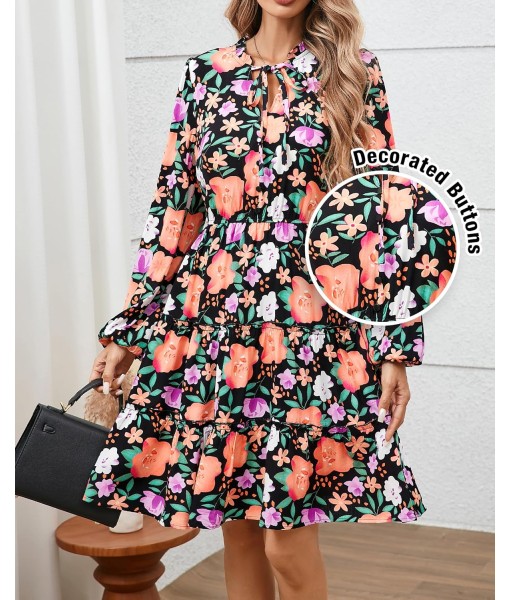 BTFBM Women Fall Dresses 2025 Floral V Neck Long Sleeve Tiered Ruffle Boho Swing Flowy A-Line Mini Dresses Vacation