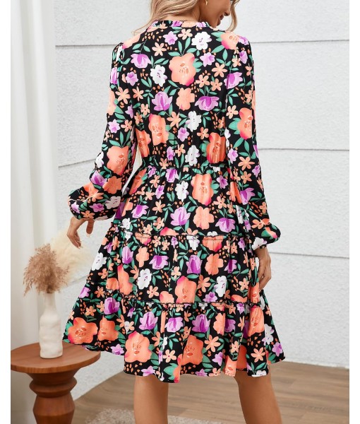 BTFBM Women Fall Dresses 2025 Floral V Neck Long Sleeve Tiered Ruffle Boho Swing Flowy A-Line Mini Dresses Vacation