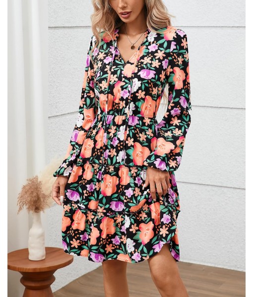 BTFBM Women Fall Dresses 2025 Floral V Neck Long Sleeve Tiered Ruffle Boho Swing Flowy A-Line Mini Dresses Vacation