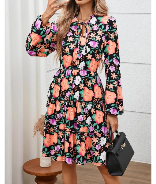 BTFBM Women Fall Dresses 2025 Floral V Neck Long Sleeve Tiered Ruffle Boho Swing Flowy A-Line Mini Dresses Vacation