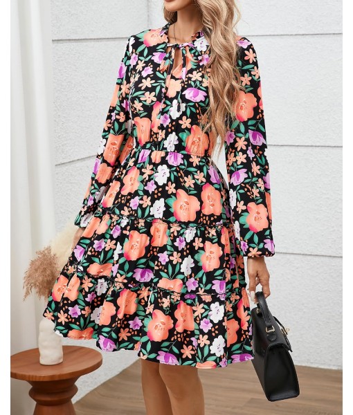BTFBM Women Fall Dresses 2025 Floral V Neck Long Sleeve Tiered Ruffle Boho Swing Flowy A-Line Mini Dresses Vacation
