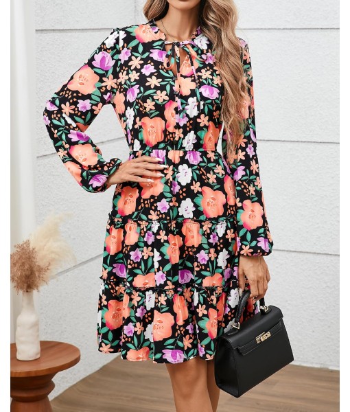 BTFBM Women Fall Dresses 2025 Floral V Neck Long Sleeve Tiered Ruffle Boho Swing Flowy A-Line Mini Dresses Vacation