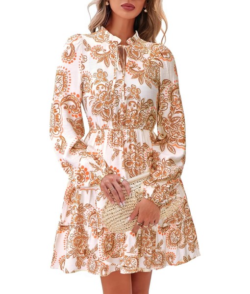 BTFBM Women Fall Dresses 2025 Floral V Neck Long Sleeve Tiered Ruffle Boho Swing Flowy A-Line Mini Dresses Vacation