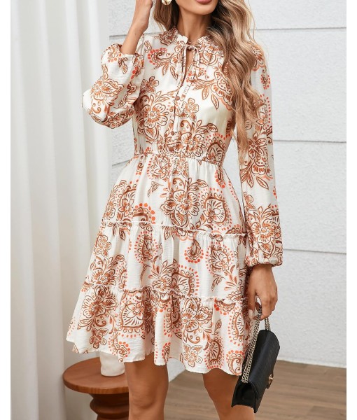 BTFBM Women Fall Dresses 2025 Floral V Neck Long Sleeve Tiered Ruffle Boho Swing Flowy A-Line Mini Dresses Vacation