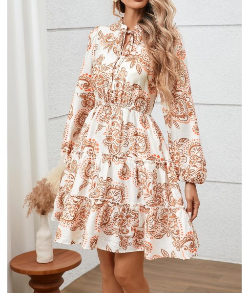 BTFBM Women Fall Dresses 2025 Floral V Neck Long Sleeve Tiered Ruffle Boho Swing Flowy A-Line Mini Dresses Vacation