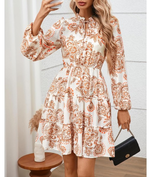 BTFBM Women Fall Dresses 2025 Floral V Neck Long Sleeve Tiered Ruffle Boho Swing Flowy A-Line Mini Dresses Vacation