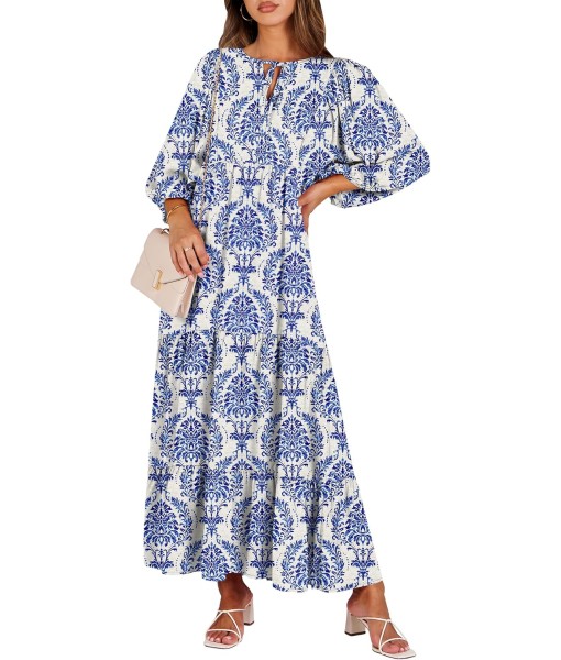 ANRABESS Womens Boho Maxi Dresses 2025 Summer V Neck Puff Sleeve Floral Flowy Swing Fall Casual Long Dress