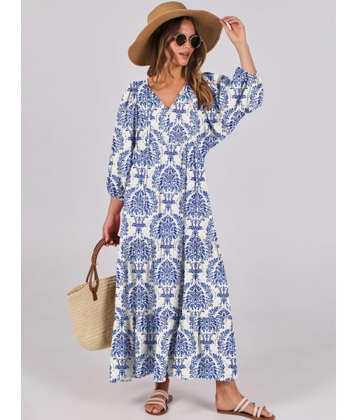 ANRABESS Womens Boho Maxi Dresses 2025 Summer V Neck Puff Sleeve Floral Flowy Swing Fall Casual Long Dress