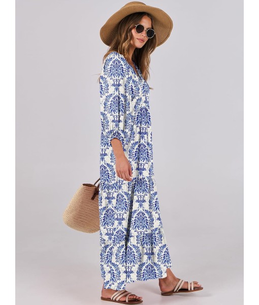 ANRABESS Womens Boho Maxi Dresses 2025 Summer V Neck Puff Sleeve Floral Flowy Swing Fall Casual Long Dress