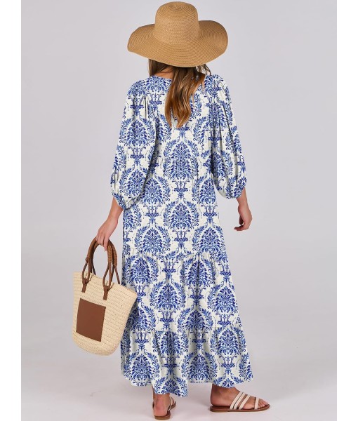 ANRABESS Womens Boho Maxi Dresses 2025 Summer V Neck Puff Sleeve Floral Flowy Swing Fall Casual Long Dress