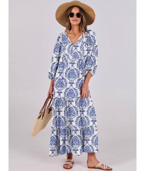 ANRABESS Womens Boho Maxi Dresses 2025 Summer V Neck Puff Sleeve Floral Flowy Swing Fall Casual Long Dress