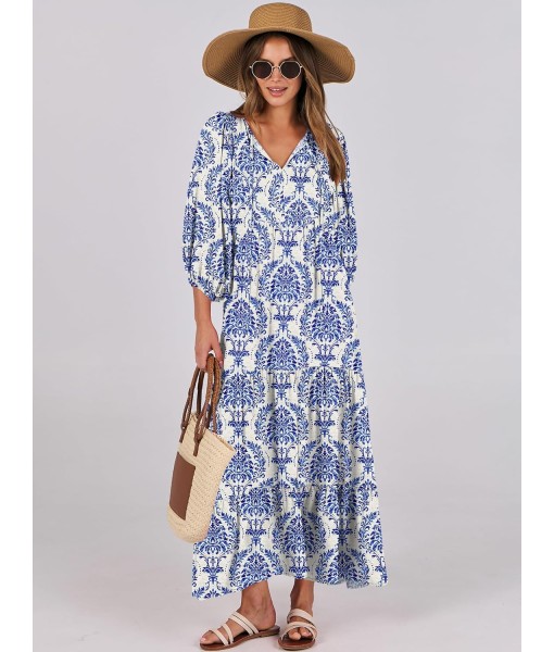 ANRABESS Womens Boho Maxi Dresses 2025 Summer V Neck Puff Sleeve Floral Flowy Swing Fall Casual Long Dress