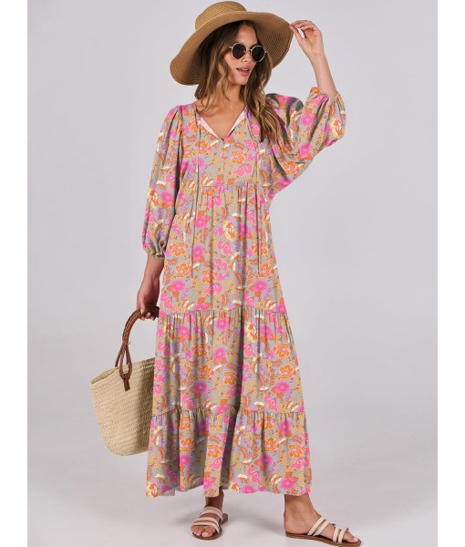 ANRABESS Womens Boho Maxi Dresses 2025 Summer V Neck Puff Sleeve Floral Flowy Swing Fall Casual Long Dress