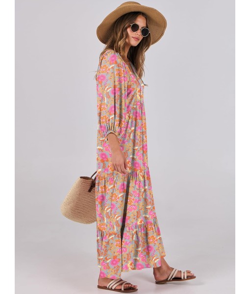 ANRABESS Womens Boho Maxi Dresses 2025 Summer V Neck Puff Sleeve Floral Flowy Swing Fall Casual Long Dress