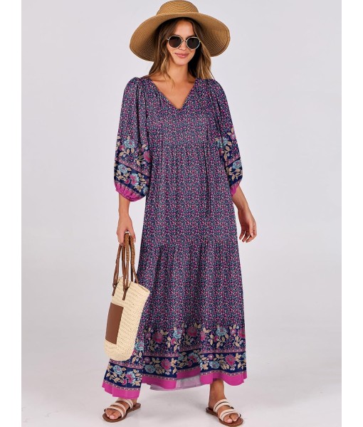 ANRABESS Womens Boho Maxi Dresses 2025 Summer V Neck Puff Sleeve Floral Flowy Swing Fall Casual Long Dress