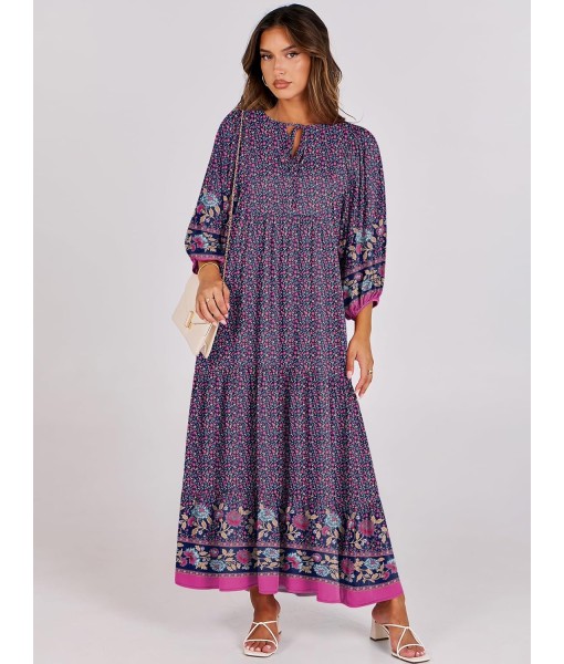 ANRABESS Womens Boho Maxi Dresses 2025 Summer V Neck Puff Sleeve Floral Flowy Swing Fall Casual Long Dress