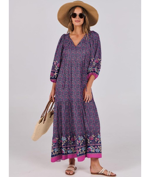 ANRABESS Womens Boho Maxi Dresses 2025 Summer V Neck Puff Sleeve Floral Flowy Swing Fall Casual Long Dress