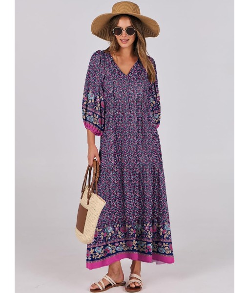 ANRABESS Womens Boho Maxi Dresses 2025 Summer V Neck Puff Sleeve Floral Flowy Swing Fall Casual Long Dress