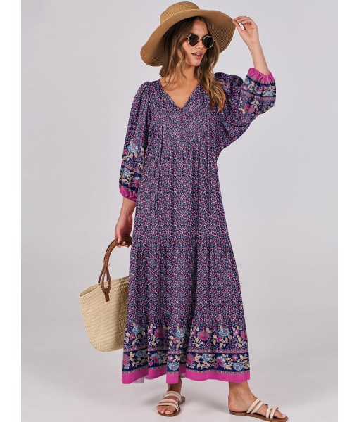 ANRABESS Womens Boho Maxi Dresses 2025 Summer V Neck Puff Sleeve Floral Flowy Swing Fall Casual Long Dress