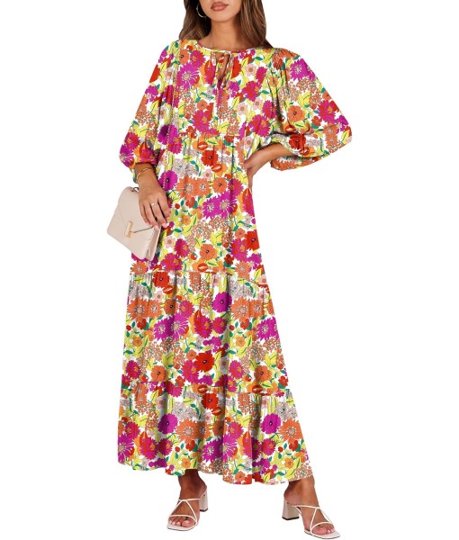 ANRABESS Womens Boho Maxi Dresses 2025 Summer V Neck Puff Sleeve Floral Flowy Swing Fall Casual Long Dress