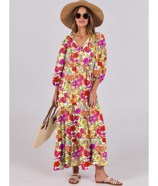 ANRABESS Womens Boho Maxi Dresses 2025 Summer V Neck Puff Sleeve Floral Flowy Swing Fall Casual Long Dress
