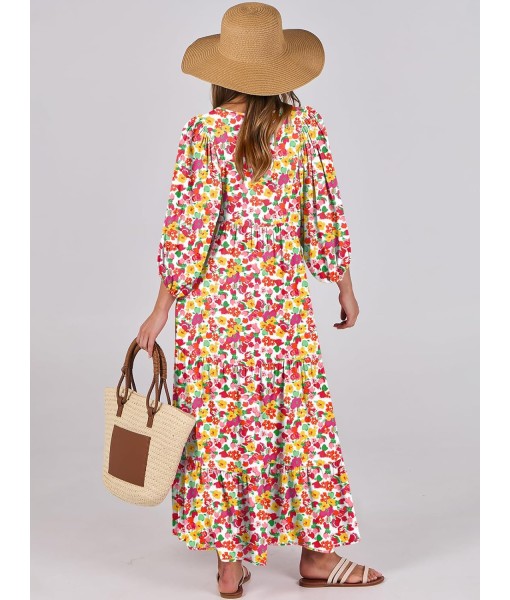 ANRABESS Womens Boho Maxi Dresses 2025 Summer V Neck Puff Sleeve Floral Flowy Swing Fall Casual Long Dress