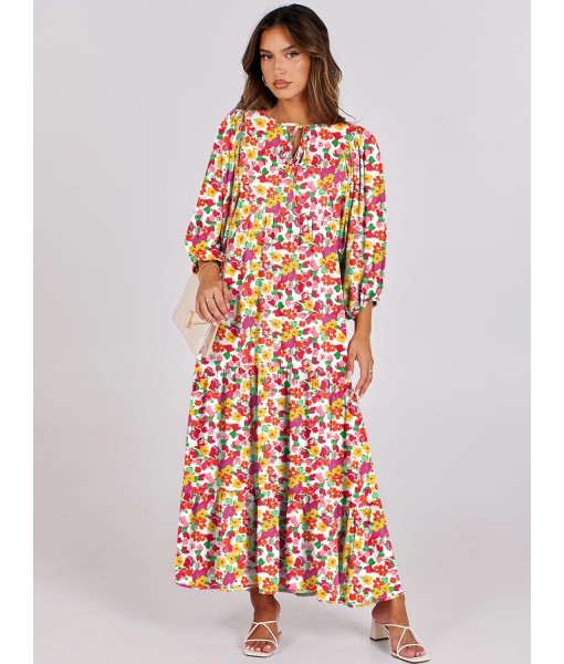 ANRABESS Womens Boho Maxi Dresses 2025 Summer V Neck Puff Sleeve Floral Flowy Swing Fall Casual Long Dress