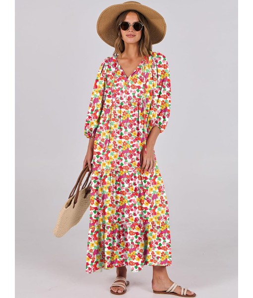 ANRABESS Womens Boho Maxi Dresses 2025 Summer V Neck Puff Sleeve Floral Flowy Swing Fall Casual Long Dress
