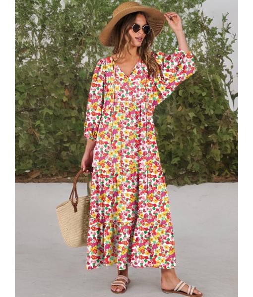 ANRABESS Womens Boho Maxi Dresses 2025 Summer V Neck Puff Sleeve Floral Flowy Swing Fall Casual Long Dress