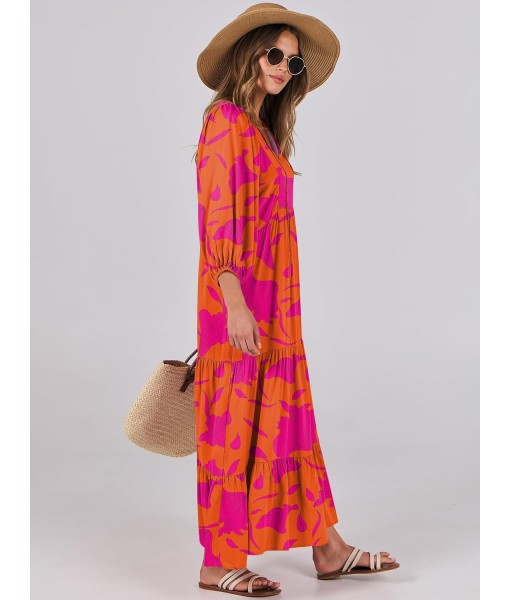 ANRABESS Womens Boho Maxi Dresses 2025 Summer V Neck Puff Sleeve Floral Flowy Swing Fall Casual Long Dress