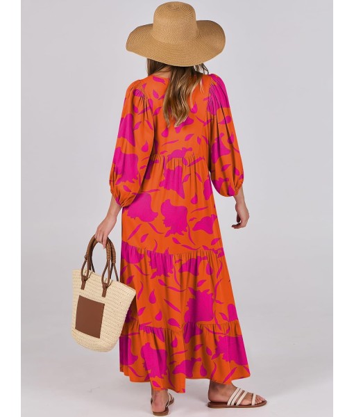 ANRABESS Womens Boho Maxi Dresses 2025 Summer V Neck Puff Sleeve Floral Flowy Swing Fall Casual Long Dress