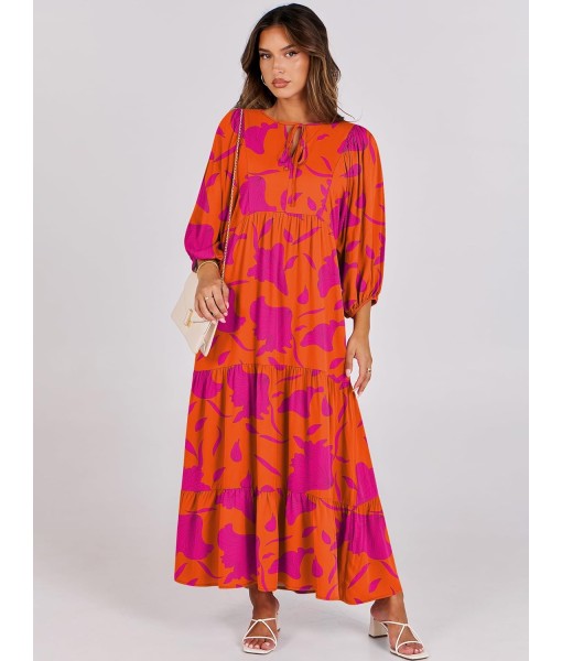 ANRABESS Womens Boho Maxi Dresses 2025 Summer V Neck Puff Sleeve Floral Flowy Swing Fall Casual Long Dress