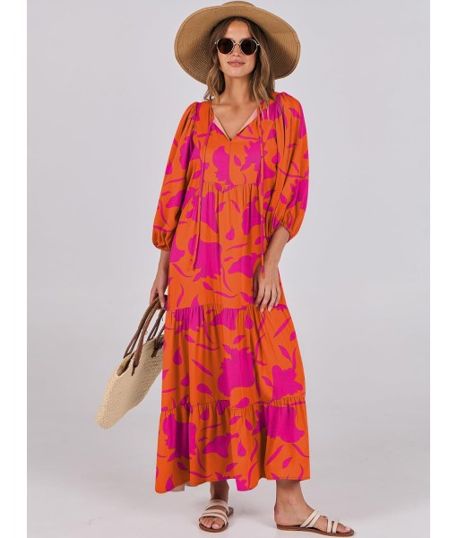 ANRABESS Womens Boho Maxi Dresses 2025 Summer V Neck Puff Sleeve Floral Flowy Swing Fall Casual Long Dress