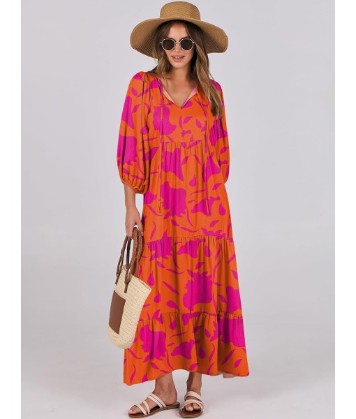 ANRABESS Womens Boho Maxi Dresses 2025 Summer V Neck Puff Sleeve Floral Flowy Swing Fall Casual Long Dress