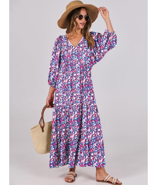 ANRABESS Womens Boho Maxi Dresses 2025 Summer V Neck Puff Sleeve Floral Flowy Swing Fall Casual Long Dress