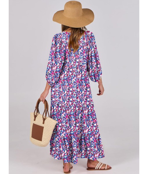 ANRABESS Womens Boho Maxi Dresses 2025 Summer V Neck Puff Sleeve Floral Flowy Swing Fall Casual Long Dress