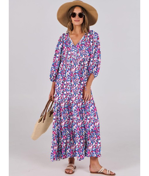 ANRABESS Womens Boho Maxi Dresses 2025 Summer V Neck Puff Sleeve Floral Flowy Swing Fall Casual Long Dress