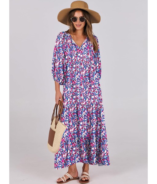 ANRABESS Womens Boho Maxi Dresses 2025 Summer V Neck Puff Sleeve Floral Flowy Swing Fall Casual Long Dress