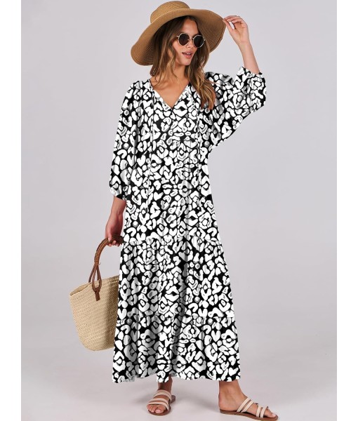 ANRABESS Womens Boho Maxi Dresses 2025 Summer V Neck Puff Sleeve Floral Flowy Swing Fall Casual Long Dress