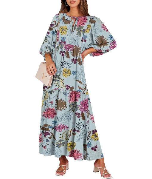 ANRABESS Womens Boho Maxi Dresses 2025 Summer V Neck Puff Sleeve Floral Flowy Swing Fall Casual Long Dress
