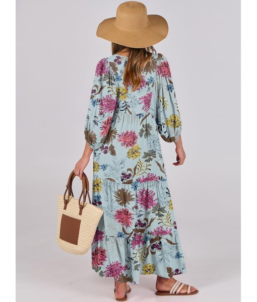 ANRABESS Womens Boho Maxi Dresses 2025 Summer V Neck Puff Sleeve Floral Flowy Swing Fall Casual Long Dress